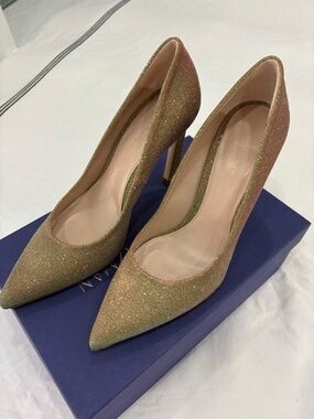 Stuart Weitzman Gold Glitter Pointed Toe Stiletto Pumps Women's US 9 Slip-On